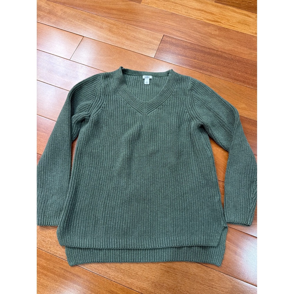 LL Bean Sweater Womens Large Green V-Neck Shaker Stitch Cotton High Low L